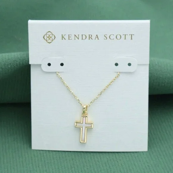 Kendra Scott Cross Necklace White Lab Grown Opal Gold - Picture 1 of 2
